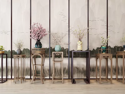Traditional Chinese Flower Stands With Various Vases And Blooming Flowers Against Landscape Mural 3d model