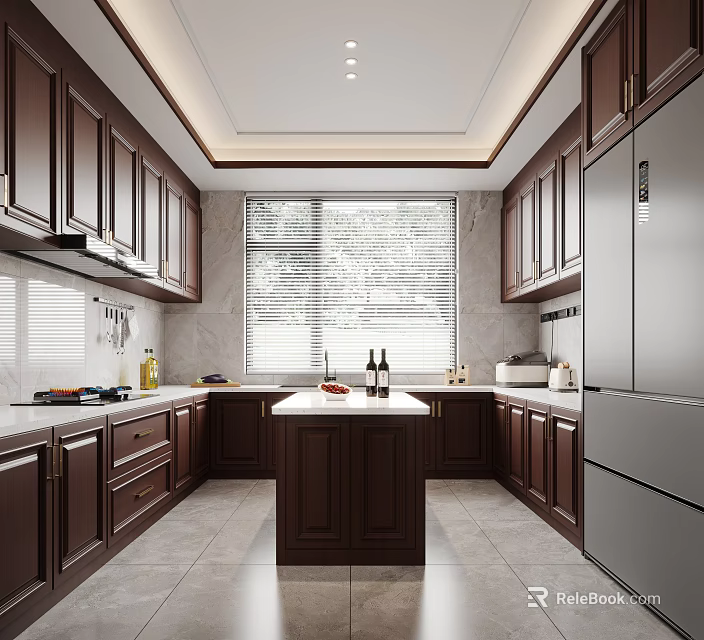 Modern Kitchen With Dark Brown Cabinets Central Island Marble Countertops Large Window Stainless Steel Refrigerator 3d model 