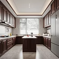 Modern Kitchen With Dark Brown Cabinets Central Island Marble Countertops Large Window Stainless Steel Refrigerator