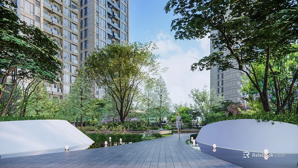 Urban Garden Landscape With High rise Buildings Lush Trees And Paved Walkway 3d model 
