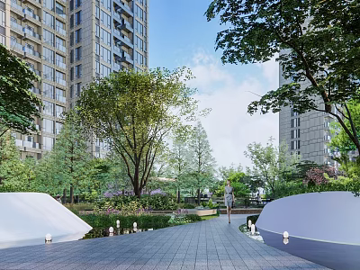 Urban Garden Landscape With High rise Buildings Lush Trees And Paved Walkway 3d model
