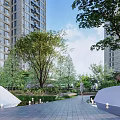 Urban Garden Landscape With High rise Buildings Lush Trees And Paved Walkway