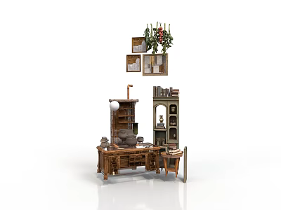 Vintage Study Room Interior With Wooden Desk Bookshelf Hanging Chandelier With Plants And Wall Decor 3d model