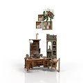 Vintage Study Room Interior With Wooden Desk Bookshelf Hanging Chandelier With Plants And Wall Decor