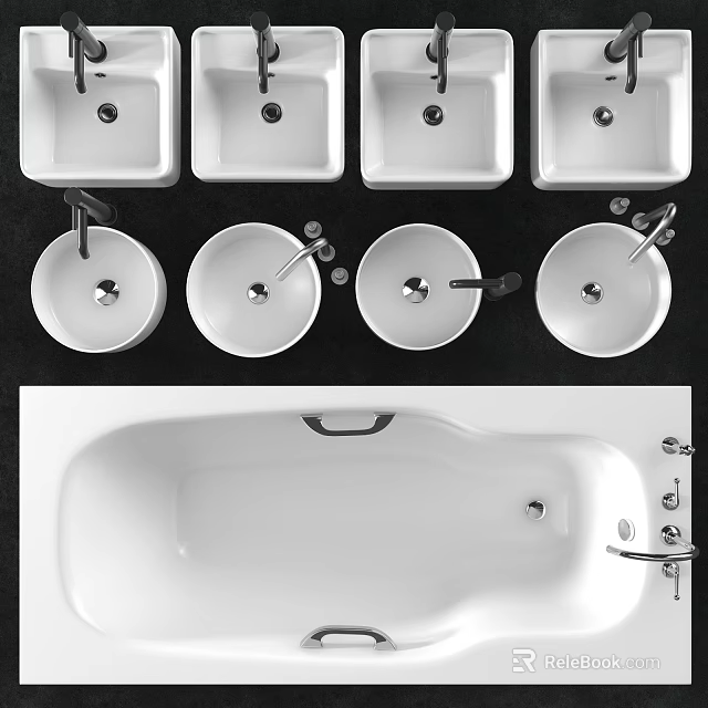 Modern Bathroom Hand Basins In Ceramic Material With Round Square Shapes And Faucets 3d model 