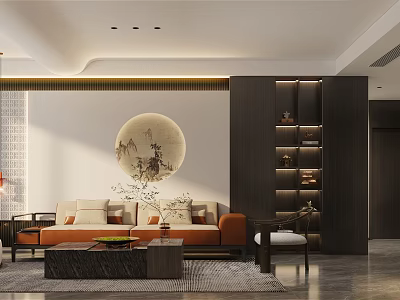 Modern Living and Dining Room Interior With Circular Decorative Painting Sofa Coffee Table And Bookshelf 3d model