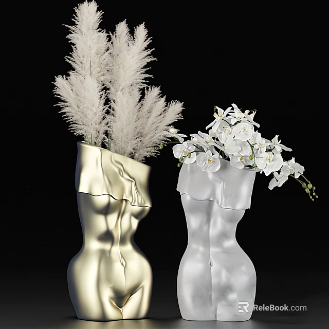 Stylish Gold And White Human Torso Shaped Vases With White Feathery Plants And Orchids 3d model 