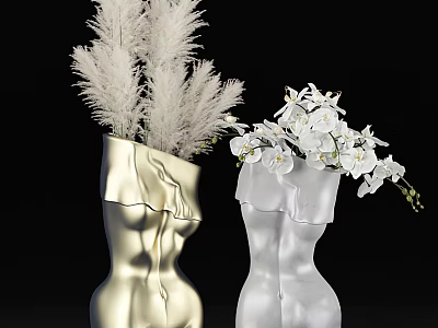 Stylish Gold And White Human Torso Shaped Vases With White Feathery Plants And Orchids 3d model