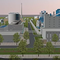 Modern Industrial Factory Complex With Multiple Buildings Chimney Road And Green Trees
