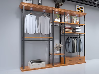 Clothing Store Display Rack With Hanging Shirts Suits Stacked Clothes Decorative Plants And Drawers 3d model