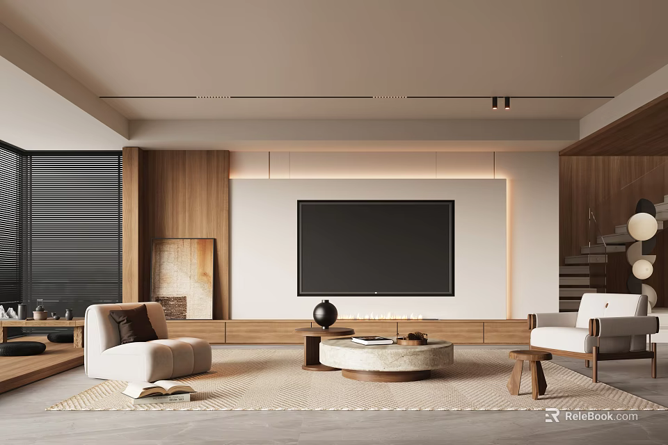 Modern Living Room Interior With Wooden Walls Large Screen TV Comfortable Sofas Round Coffee Table 3d model 