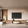 Modern Living Room Interior With Wooden Walls Large Screen TV Comfortable Sofas Round Coffee Table