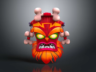Vibrant Red Orange Decorative Tribal Mask With Bone Accents And Green Eyes 3d model