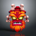 Vibrant Red Orange Decorative Tribal Mask With Bone Accents And Green Eyes
