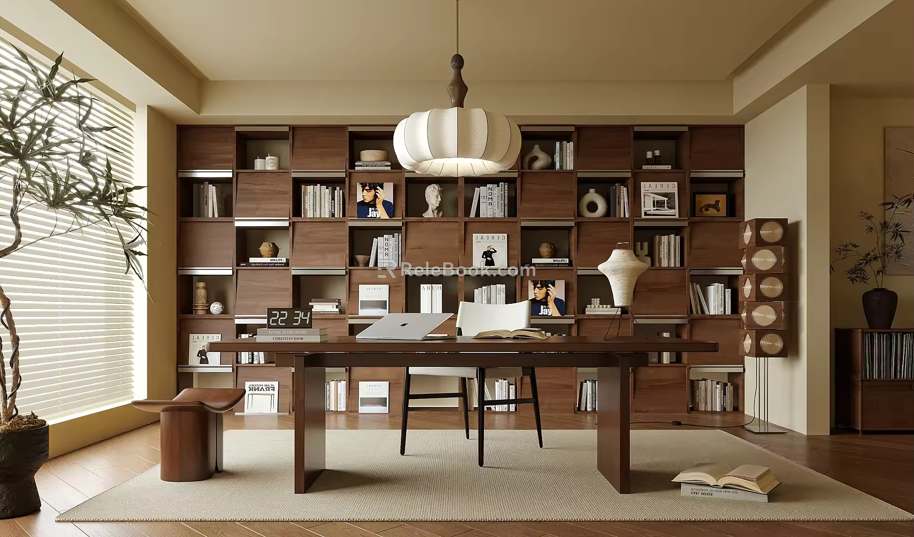 Antique Study Desk Bookcase Bookshelf Chandelier 3d model