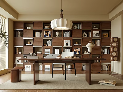 Modern Study Room Interior Design With Wooden Bookshelves Writing Desk Pendant Light And Decorative Paintings 3d model