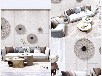Modern Sofa And Coffee Table Set With Decorative Wall Art Throw Pillows And Rug 3d model