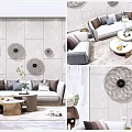 Modern Sofa And Coffee Table Set With Decorative Wall Art Throw Pillows And Rug