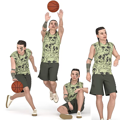 Basketball Player in Green Printed Tank Top Dark Shorts Doing Multiple Action Poses with Arm Bands 3d model