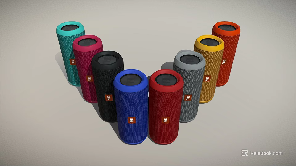 Vibrant Cylindrical Speakers with Multiple Colors Arranged in Arc and Brand Logo 3d model 