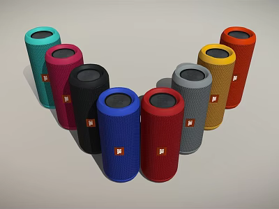 Vibrant Cylindrical Speakers with Multiple Colors Arranged in Arc and Brand Logo 3d model