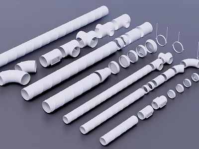 Different Types of White Pipes and Plumbing Fittings with Elbows Rings and Connectors 3d model