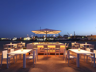 Outdoor Seaside Bar With Illuminated Counter And Umbrella Seating Area 3d model