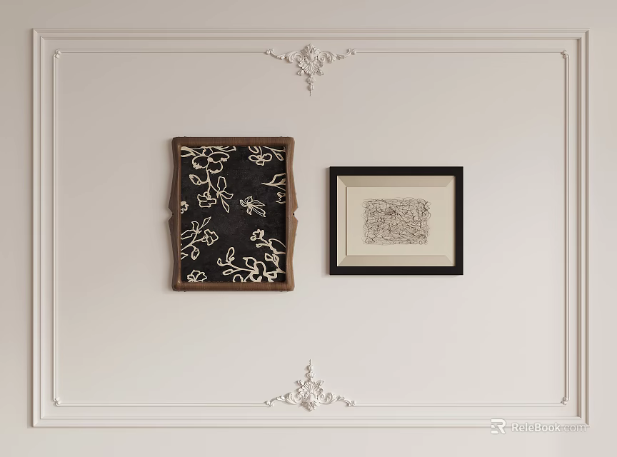 Two Decorative Wall Paintings With Black White Patterns On White Ornate Trim Wall 3d model