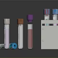 Medical Device Test Tubes With Various Colored Caps In Metal Rack And Labels