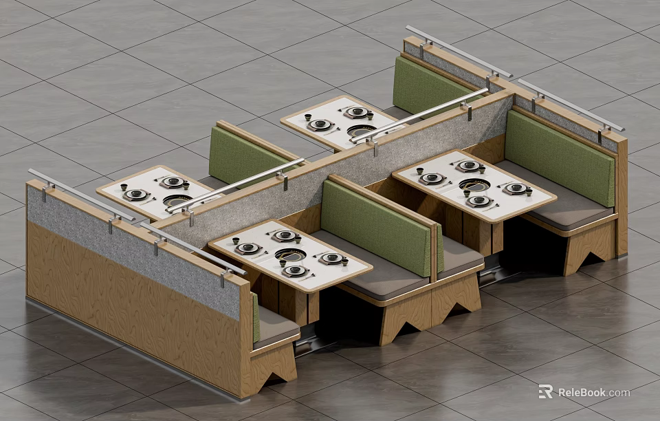 Modern Commercial Hot Pot Dining Table Combination With Booth Seats And Built In Stoves 3d model 