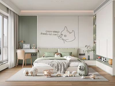 Modern Kids Room Interior With Green Wall Cartoon Cat Doodle Bed Toys And Storage Cabinets 3d model