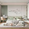 Modern Kids Room Interior With Green Wall Cartoon Cat Doodle Bed Toys And Storage Cabinets