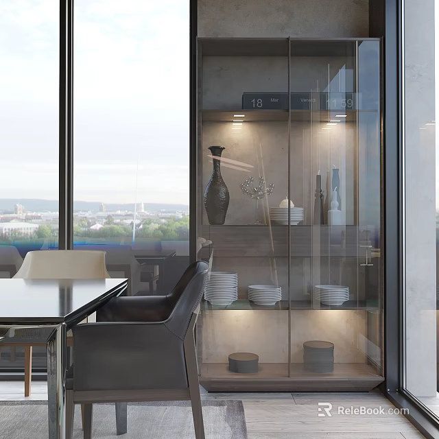 Modern Dining Living Room Interior With Large Windows City View And Glass Display Cabinet 3d model 