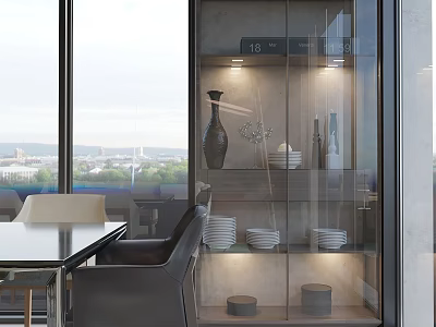 Modern Dining Living Room Interior With Large Windows City View And Glass Display Cabinet 3d model