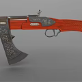 Unique Combination Weapon With Wooden Carved Grip Metal Axe Blade And Gun Barrel