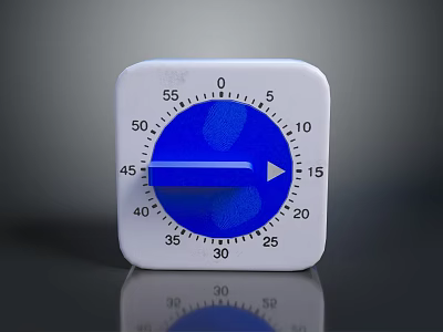 Square White Timer With Blue Dial Numbers Pointer And Reflection On Dark Surface 3d model