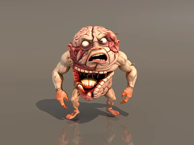 3D Fantasy Monster Character With Brain Shaped Head Open Mouth Sharp Teeth Scary Expression 3d model