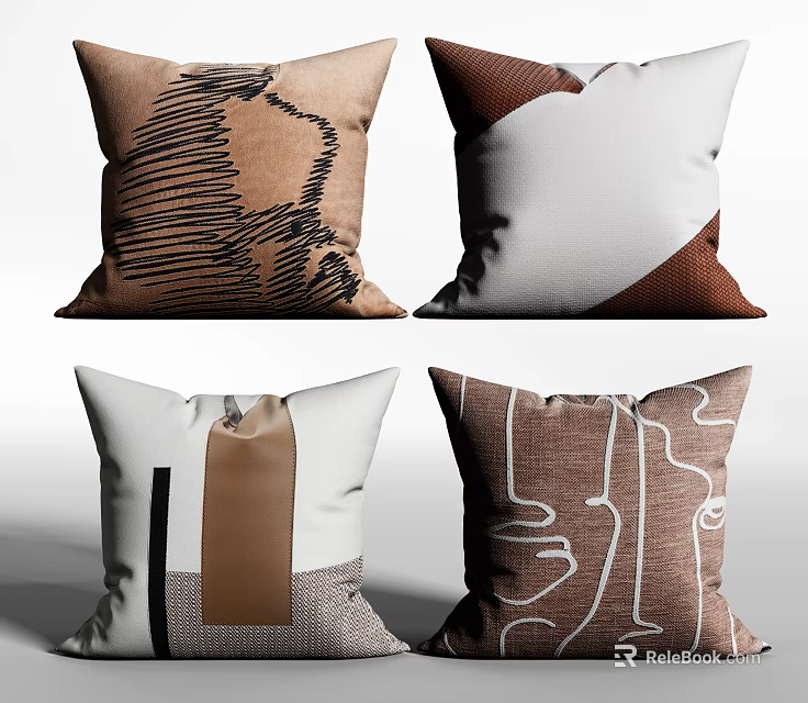 Modern Minimalist Throw Pillows With Brown White Beige Tones And Abstract Geometric Lines 3d model 