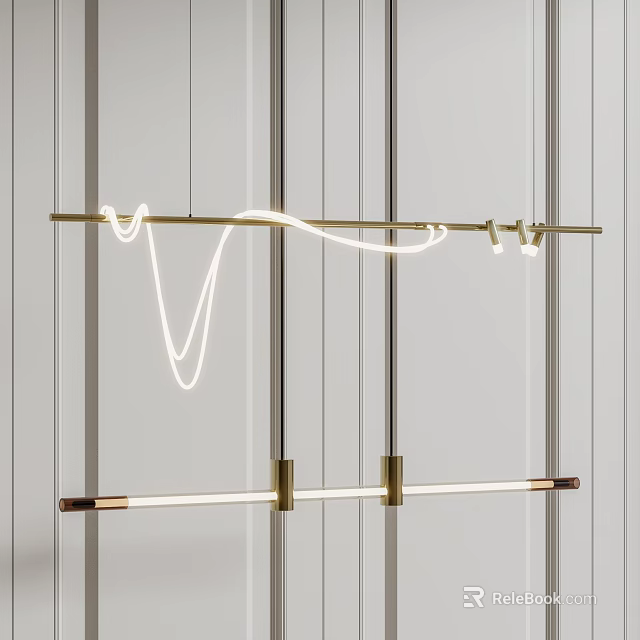 Modern Brass Chandelier With Curved LED Light Strip On Vertical Striped Wall 3d model 