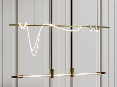 Modern Brass Chandelier With Curved LED Light Strip On Vertical Striped Wall 3d model