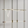 Modern Brass Chandelier With Curved LED Light Strip On Vertical Striped Wall