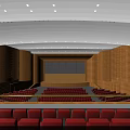 Spacious Theater Interior With Red Seats Wooden Walls Tiered Seating And Lighting Fixtures