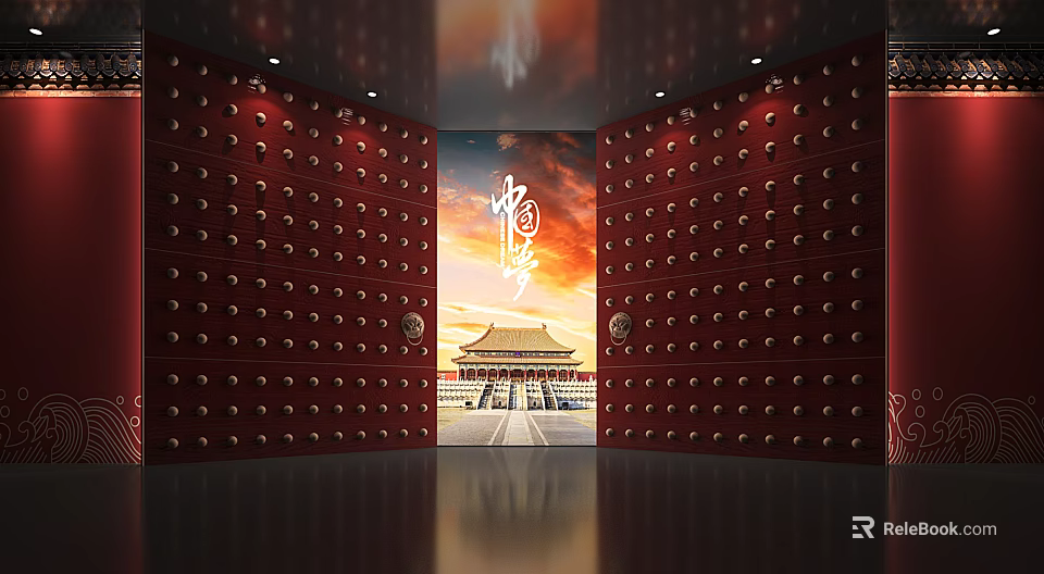 Red Traditional Entrance Gate With Golden Door Nails Palace Sunset And National Dream 3d model 