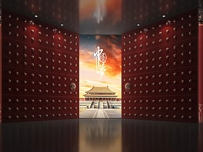 Red Traditional Entrance Gate With Golden Door Nails Palace Sunset And National Dream 3d model