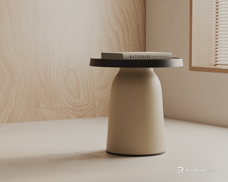 Modern Minimalist Beige Side Table With Black Round Top Against Wooden Wall And Window Blinds 3d model 
