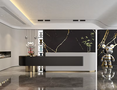Modern Front Desk Reception Area Design With Black Counter Marble Wall And Decorative Plants 3d model