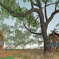 Spherical Wooden House Surrounded by Trees With Wooden Deck and Blue Windows