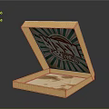 Open Wooden Box with Tasty Pizza Green and Red Radial Pattern and Pizza Residue Inside