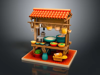Traditional Market Stall Building With Red Tiled Roof Hanging Containers And Arranged Produce 3d model