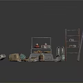Miniature Scene Components With Wooden Ladder Crates Bottles Stone And Basket